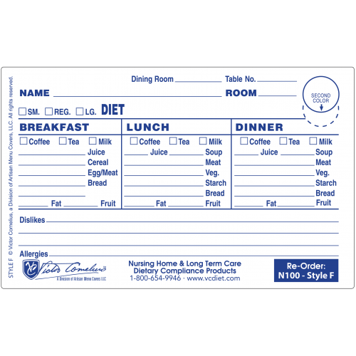 N100F Plastex Dietary Tray Cards with Pre attached laminate